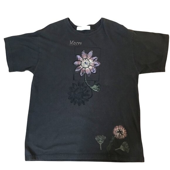 BLUE FISH 1998 Macro Flower Tee Gray Organic Cotton Shirt Women Lagenlook M USA - Picture 6 of 8